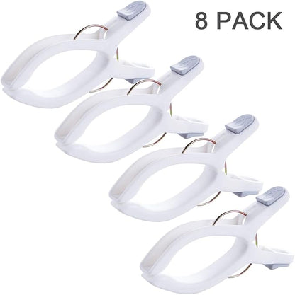 Pack of 8 beach towel clips for beach chairs, white jumbo size towel clips, pool chairs, plastic clothes hanging clips, clip clamps for