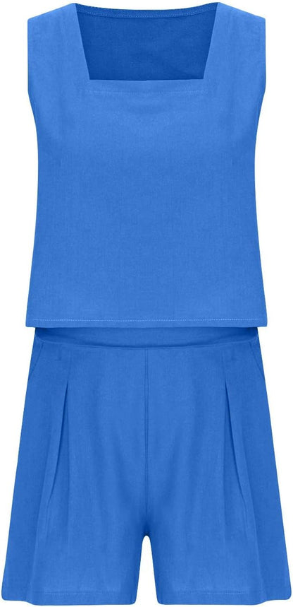 Womens 2 Piece Outfits Summer Linen Lounge Sets Loose Sleeveless Square Neck Tank Crop Tops and Wide Leg Shorts Set