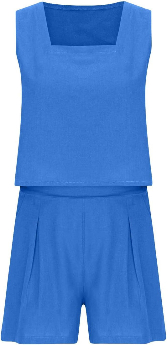 Womens 2 Piece Outfits Summer Linen Lounge Sets Loose Sleeveless Square Neck Tank Crop Tops and Wide Leg Shorts Set