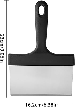 Griddle Grill Flat Top Scraper Griddle Scraper Tool with Handle, Stainless Steel Outdoor BBQ Kitchen Food Metal Scraper Tool, Griddle Cleaning Cleaner Scrubber (Silver, 23x16.2cm)