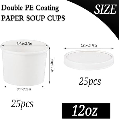 12 oz 25 Pack Paper Soup Bowls with Lids, Disposable Soup Cups, Ice Cream Containers, White Disposable Food Containers White for Hot or Cold Soup