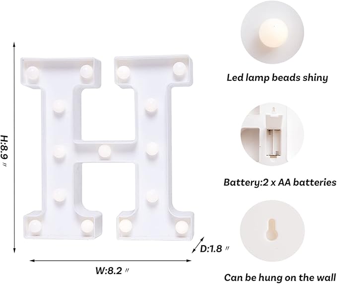 Foaky LED Letter Lights Sign Marquee Light Up Letters Sign for Night Light WeddingBirthday Party Battery Powered Christmas Lamp Home Bar Decoration(H)