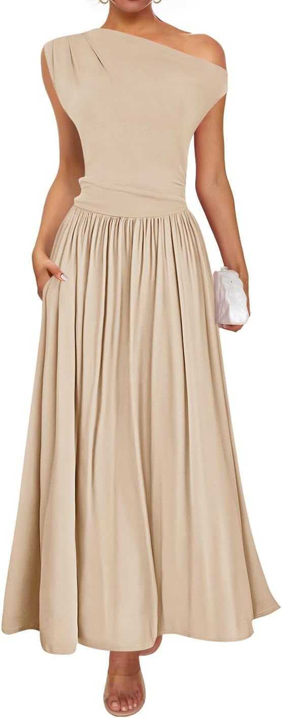 ZESICA Women's Summer 2026 Sleeveless Maxi Dress One Shoulder Casual Slim Swing Pleated Formal Dresses with Pockets.
