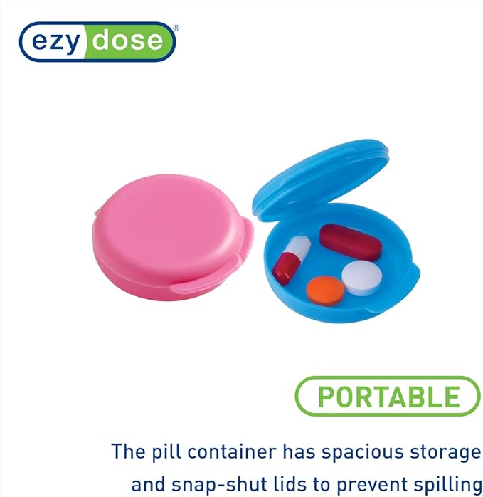 EZY DOSE Daily Round, Portable On-The-Go Pocket Pharmacy, Pill Box, Organizer and Vitamin Containers, Snap Shut Lids, Perfect for Traveling, Blue  Pink, 2 Pack, BPA Free