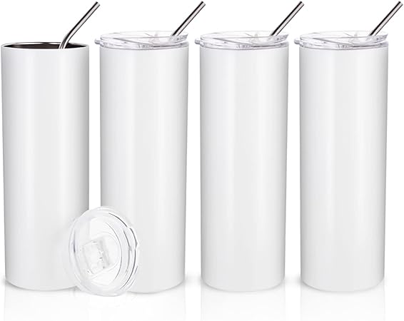 PYD Life Skinny 20 OZ Straight Stainless Steel White Tumbler with Metal Straw for Heat Press Machine Printing 4 Pack