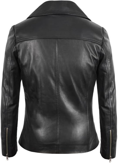 SpazeUp Women's Vintage Cafe Racer Leather Jacket - Black Biker Motorcycle Riding Jacket Women Leather Blazer