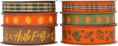 Fall Ribbon Pumpkin Maples Pattern Thanksgiving Theme Craft Rustic Autumn Harvest Ribbons for Wrapping Gifts Making Wreath