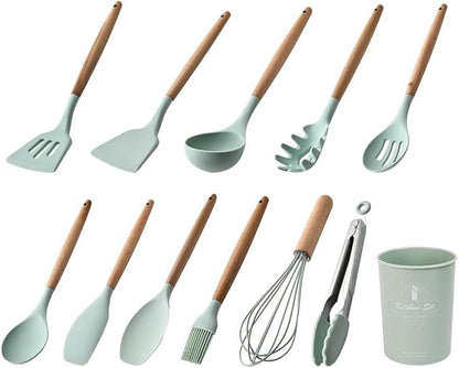 Non-stick Kitchen Cooking Utensil Set Food Tong Egg Whisk Wooden Handle - Light Green, Colander Spooncoding1583 (Color : Light Green, Size : Slotted Turner)