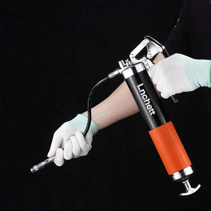 Grease Gun with Quick Release Coupler, 9000 PSI Professional Heavy Duty 14 oz Pistol Grip Grease Gun with 18 Inch Spring Flex Hose, 1 Extension Rigid Pipe and1 Sharp Nozzle Included