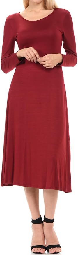 iconic luxe Women's Long Sleeve A-Line Fit and Flare Midi Dress Formal Casual