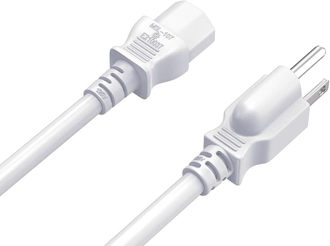 CableLeader 6ft 18 AWG Universal Power Cord IEC320 C13 to NEMA 5-15P, Extension Power Cord, Compatible with Computers, Monitors, Printers  TVs, White