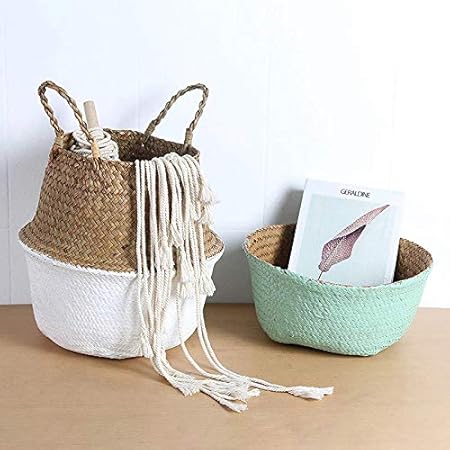 Storage Baskets Laundry Seagrass Baskets Wicker Hanging Flower Pot Baskets Storage Flower Home Pot Panier Osier Basket for Toys (Brown, 22cmX20cm)