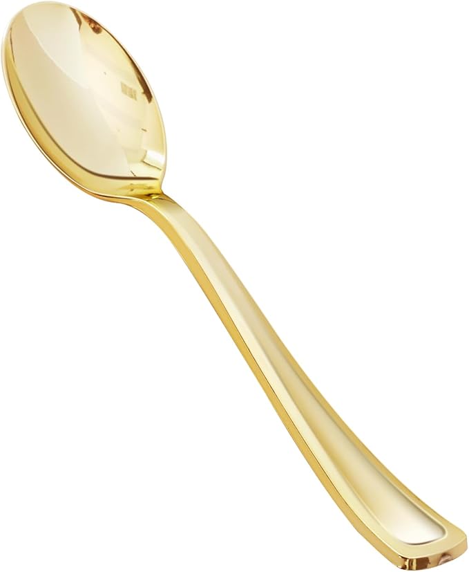 25 Pack 6.9 Inch Gold Plastic Spoons, Heavy Duty Plastic Silverware, Heavyweight Gold Disposable Spoons, Disposable Serving Utensils for Catering, Parties, Dinners, Weddings, Christmas