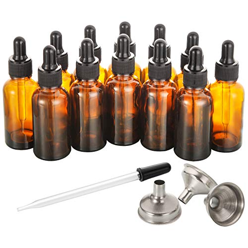 12 Pack, 2 oz Glass Dropper Bottle with 2 Stainless Steel Funnels & 2 Long Glass Dropper - 60ml Amber Tincture Bottles with Eye Droppers for Essential Oils, Liquids - Leakproof Travel Bottle