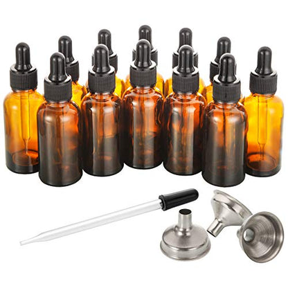 12 Pack, 2 oz Glass Dropper Bottle with 2 Stainless Steel Funnels & 2 Long Glass Dropper - 60ml Amber Tincture Bottles with Eye Droppers for Essential Oils, Liquids - Leakproof Travel Bottle