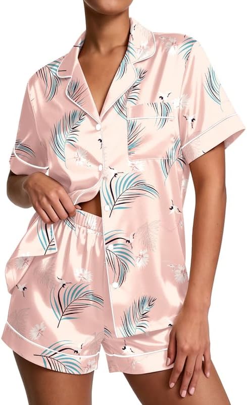 Ekouaer Women's Satin Short Sleeve Button-Down Pajama Set with Pants