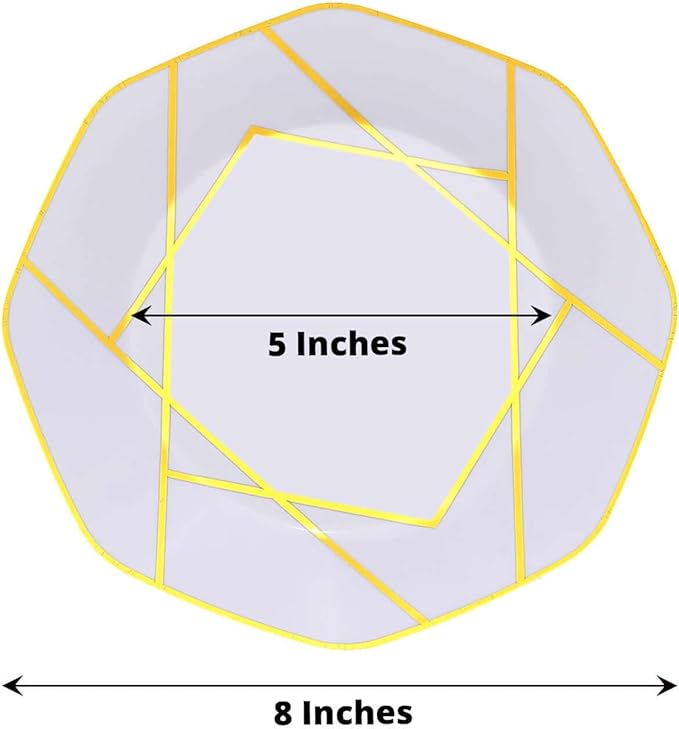 Efavormart 10 Pack | 8" White/Gold Geometric Design Plastic Dessert Plates, Disposable Octagon Salad/Appetizer Party Plates