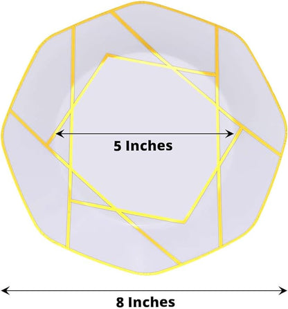 Efavormart 10 Pack | 8" White/Gold Geometric Design Plastic Dessert Plates, Disposable Octagon Salad/Appetizer Party Plates
