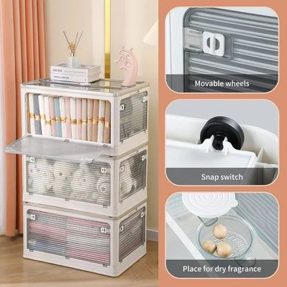 Plastic Storage Bins with Lids, 3 Packs Folding Stackable Storage Bins with Doors and Wheels, Transparent Storage Cabinet Box Organizers and Storage Containers, 85L