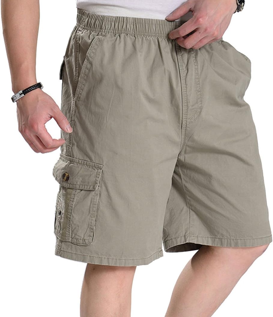 Men's Elastic Waist Cargo Shorts Lightweight Twill Drawstring Cotton Loose Fit Short