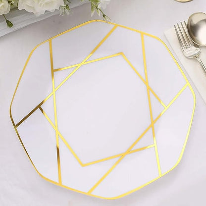 Efavormart 10 Pack | 10" White/Gold Geometric Design Plastic Dessert Plates, Disposable Octagon Salad/Appetizer Party Plates