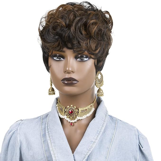 Short Pixie Cut Wigs for Black Women Short Curly Hair Layered Wavy Pixie Cut Wigs With Bangs Short Wigs for Black Women Black Mixed Brown Pixie Wigs for Women Short Brown Wig (Black Mixed Brown)