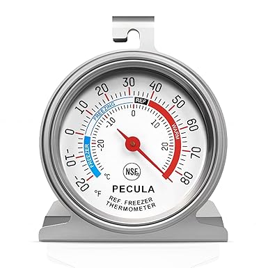 PECULA Refrigerator Thermometer Large Dial, Freezer Thermometer -30-30 Deg NE-20-80 Deg Na, Fridge Thermometer by Stainless Steel, Thermometer for Fridge Suitable for Refrigerators and Freezers