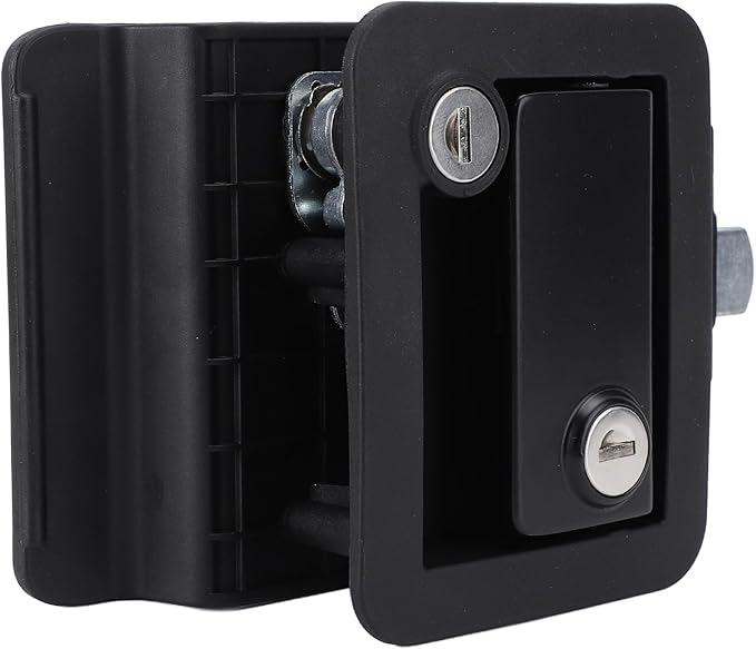 RV Door Lock, Enhanced Security for Motor Home Travel Trailer, Zinc Alloy with Switch, and Wearproof, Black Design, Dual Lock with Matching Keys, Dust Protection Foam, Screw