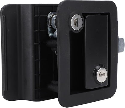 RV Door Lock, Enhanced Security for Motor Home Travel Trailer, Zinc Alloy with Switch, and Wearproof, Black Design, Dual Lock with Matching Keys, Dust Protection Foam, Screw