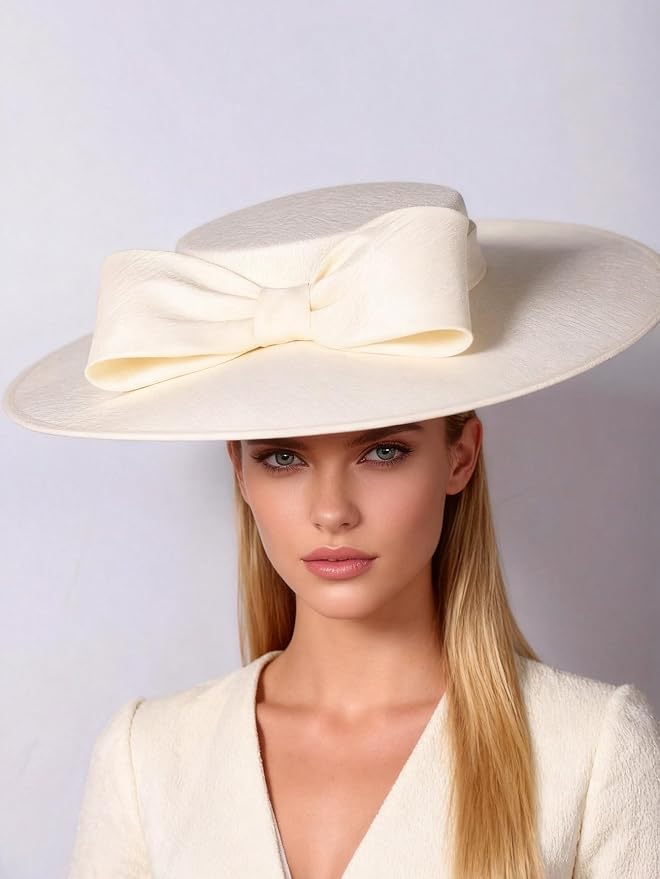 Wide Brim Hats for Women Big Bowknot Formal Occasion Kentucky Cap Lady Wedding Cocktail Party Flat Top Fedoras