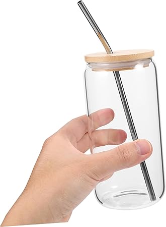 1set Glass Cup with Bamboo Lid and Stainless Steel Straw Design Tumbler for Juice Milk for Home Cafes and Parties
