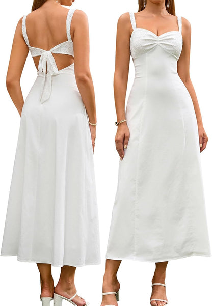 EYNMIN Lace Strap Midi Dress Sweetheart Neckline Bow Tie Backless A Line Wedding Guest Dresses for Women Casual Sundress