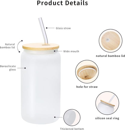 Beer Glass Cup,Iced Coffee Glasses Drinking Glasses cup,Clear Old Fashioned Whiskey Cup with bamboo lid and glass straw for Cocktail, Whiskey,Mojito,Smoothie,Beverage,Gift Idear