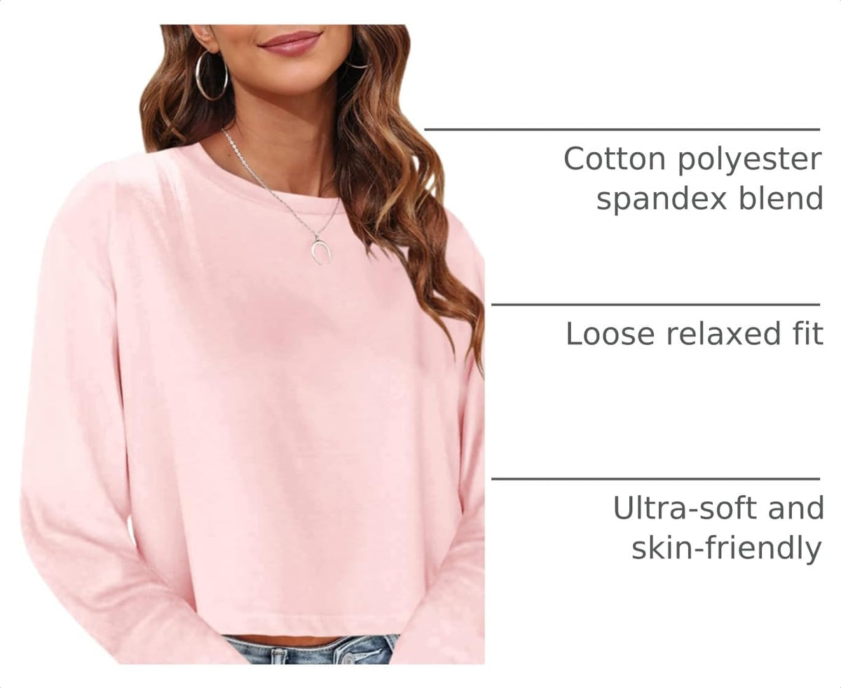 Tankaneo Womens Long Sleeve Crop Tops Oversized Cropped Tshirt | Fall,Loose Fit,Crew Neck,Casual Shirts,Basic Tees