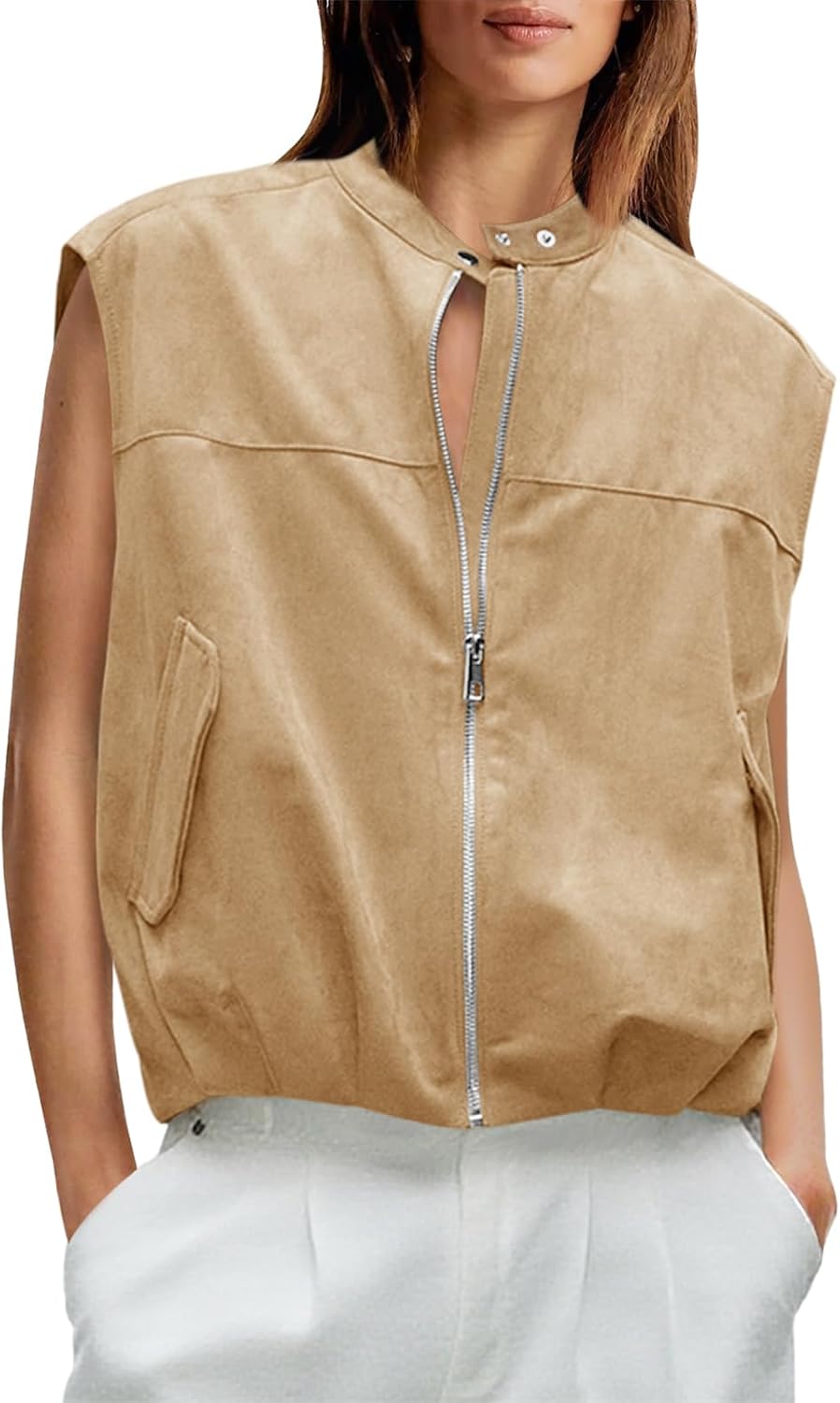 Womens Zip Up Faux Suede Vest Cropped Cap Sleeve Trendy Casual Pleated Vest Jackets Fall Loose Fit Outerwear