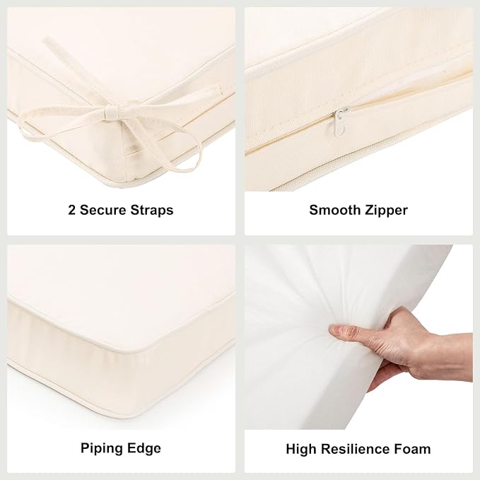 19x19x3 Inch Outdoor Square Corner Chair Cushions with Ties Set of 2, Water&Fade Resistant Thick Seat Cushion Pads for Garden Patio Dining Porch Furniture - Cream Ivory