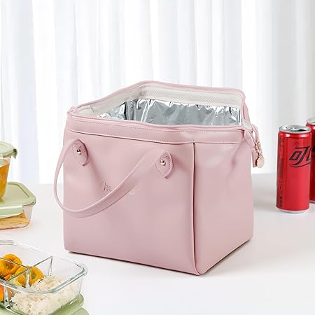 Insulated Lunch Bag for Women, Portable Leakproof Cooler Bag PU Leather Lunchbox Lunch Tote Bags for Work or Picnic (Pink)