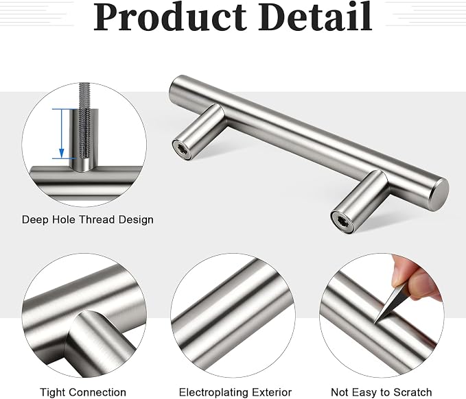 Gobrico 6 Pack 3 Inch (76mm) Hole Center Cabinet Pulls, Brushed Nickel Kitchen Cabinet Handles, T Bar Style Drawer Pulls, Stainless Steel Cabinet Handles, 5'' Overall Length