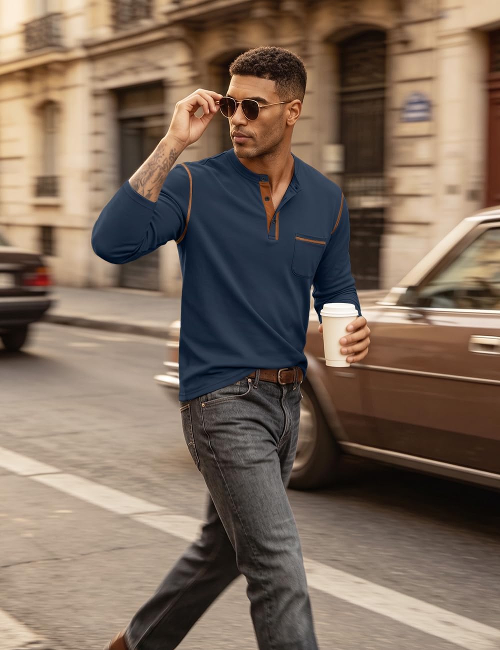 QOSOQ Men's Henley Shirt Long Sleeve T-Shirt Casual Top Pullover Lightweight Top Shirts with Button.