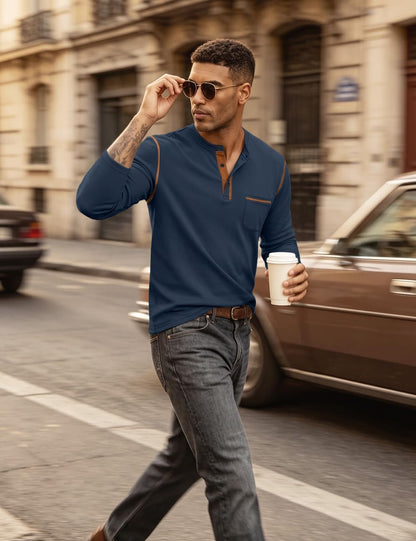 QOSOQ Men's Henley Shirt Long Sleeve T-Shirt Casual Top Pullover Lightweight Top Shirts with Button.