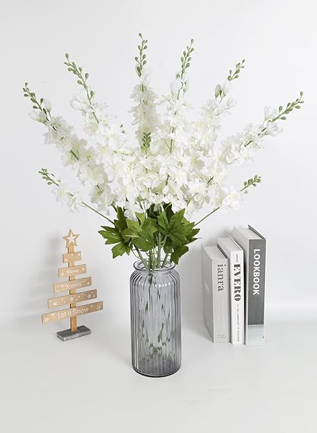 6PCS White Artificial Delphinium Flowers 33" Long Stems White Flowers Larkspur Silk Flowers for Tall Vase White Fake Flowers for Wedding Centerpieces for Home Decor Indoor (White)