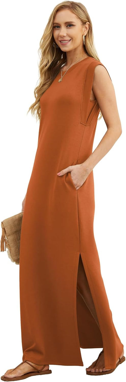 GRECERELLE 2026 Women Year-Round Casual Round Neck Loose Split Wrinkle-Free Long Maxi Vacation Dress with Pockets (XXS-4XL)