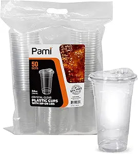 PAMI Clear 24oz Plastic Cups With Sip Lids Pack of 50 - BPA-Free Disposable Clear Cups With Strawless Lids For Cold Drinks- To-Go Cups With Lids For Iced Coffee  Tea, Smoothies, Boba, Cocktails