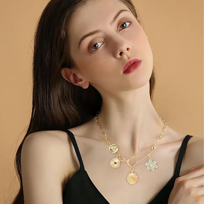 Glod Plated Boho Paperclip Chain Charm Necklace for Women Handmade Evil Eye Sun Moon Star Flower Coin Safety Pin Necklace Celestial Jewelry