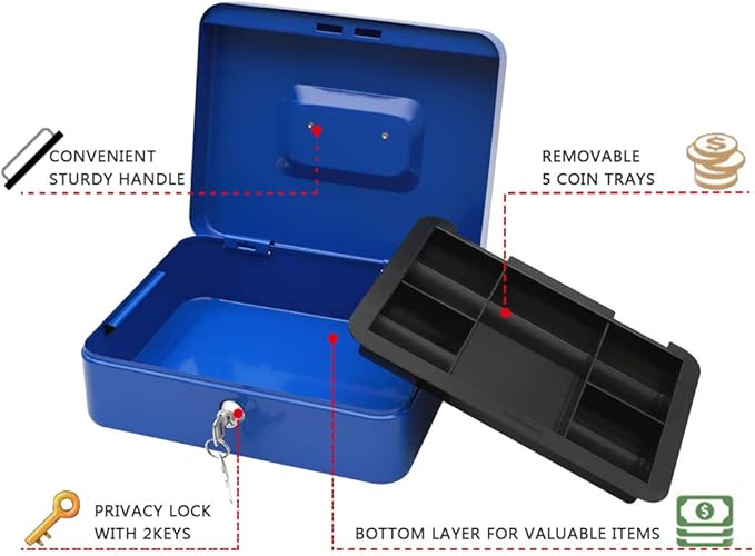 KYODOLED Large Lock Box with Money Tray,Storage Cash Box with Lock,Safe Metal Box for Money,9.84"x 7.87"x 3.54" Blue Large