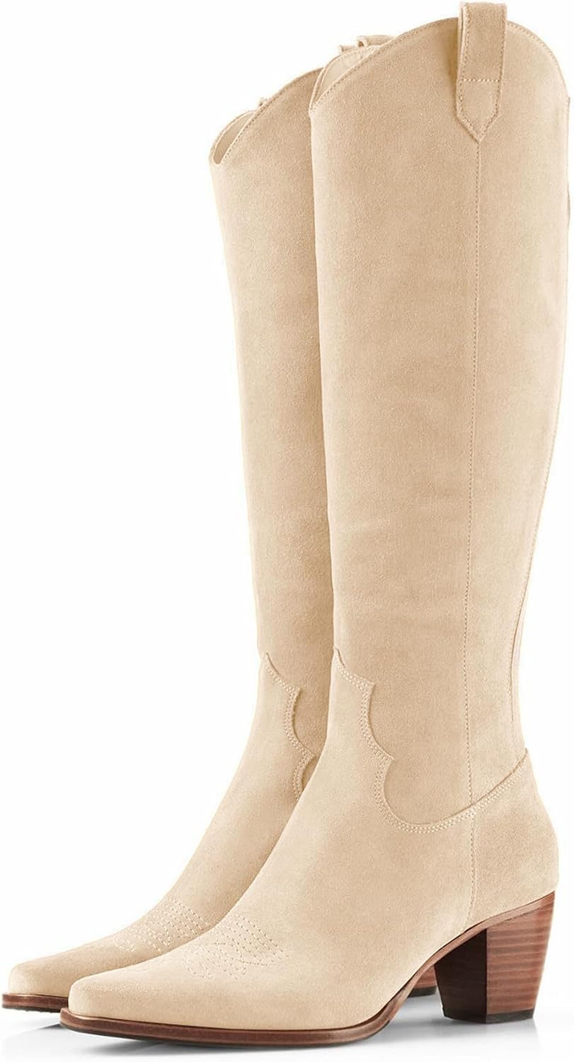 Women's Western Knee High Boots with Chunky Block Heel and Square Toe