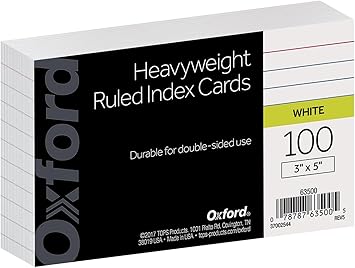Oxford Heavyweight Ruled Index Cards, 3" x 5", White, 100 Per Pack (63500)