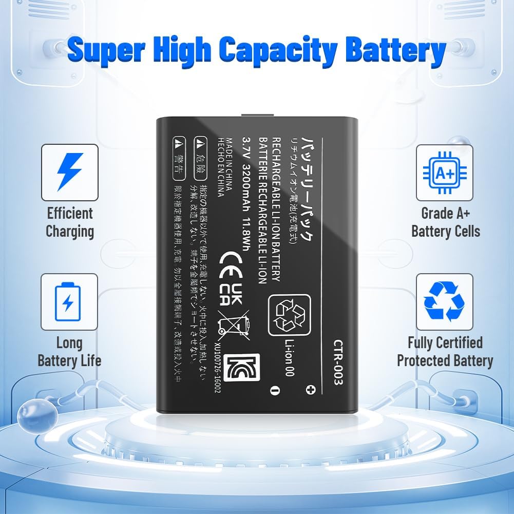 CTR-003 Battery, (2026 New Version) Ultra High Capacity 3200mAh Li-ion Replacement Battery for Nintendo 3DS N3DS / Old 3DS / New 2DS /2DS CTR-001 MIN-CTR-001 Gaming Console