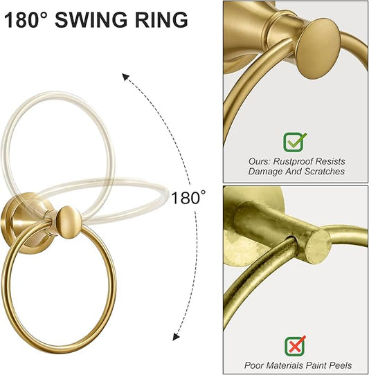 BESy Brushed Gold Bathroom Hand Towel Ring Towel Holder, Rustproof Wall Mounted Bathroom Hardware Accessory SUS 304 Stainless Steel Towel Rack