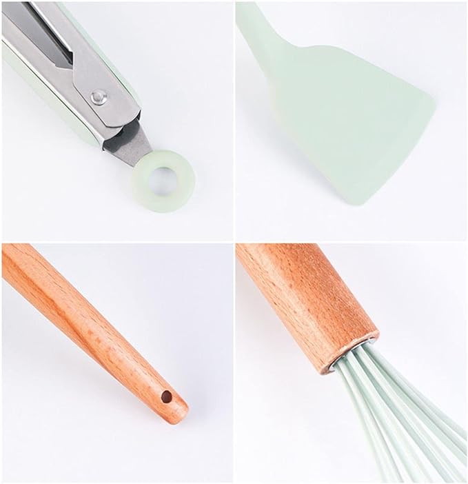 Green Silicone Utensils Kitchen Utensil Set with Multifunction Wooden Handle, Non-Stick Spatula, Ladle, Egg Shovel